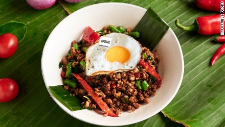 Impossible Foods&#39; meatless &quot;beef&quot; served as a krapow dish with fried egg at Cafe Siam, a restaurant in Hong Kong. 