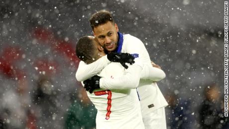 Mbappe (left) and Neymar celebrate during PSG&#39;s victory over Bayern Munich. 