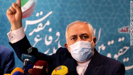 Iranian Foreign Minister Mohammad Javad Zarif speaks during a press conference at the International Conference on the Legal-International Claims of the Holy Defense in the capital Tehran on February 23, 2021.
