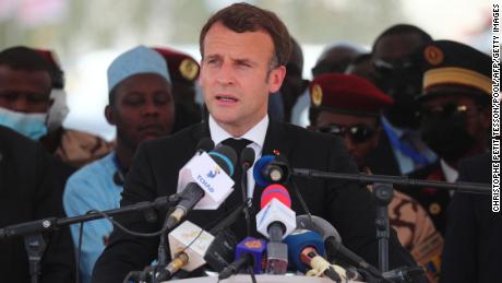 French President Emmanuel Macron delivers a speech during Deby&#39;s funeral on Friday. 