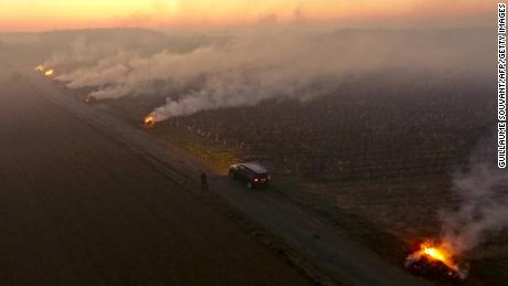 At dawn on April 7, smoke rises from fires lit in the Loire Valley&#39;s Vouvray vineyard to protect them from frost. 