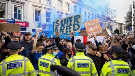 Fans protest against the European Super League outside Stamford Bridge.