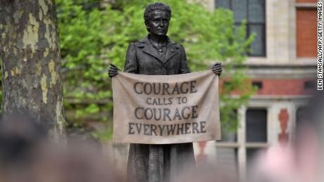 The statue of women&#39;s rights campaigner Millicent Fawcett is unveiled in April 2018. It is the only statue of a woman, among 11 men, in London&#39;s Parliament Square.
