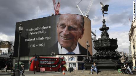 A tribute to Philip is projected onto a large screen at Piccadilly Circus in London on Friday.