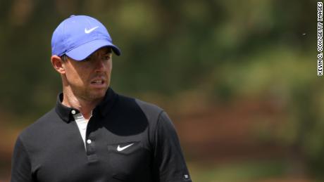 McIlroy reacts on the seventh green during the first round of the Masters.