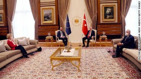 The European Union&#39;s two presidents met Erdogan in Ankara, Turkey, on April 6.