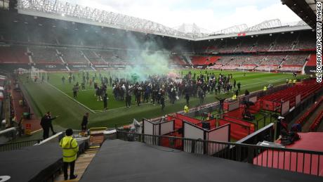 Supporters protest against Manchester United&#39;s owners, inside English Premier League club Manchester United&#39;s Old Trafford stadium.