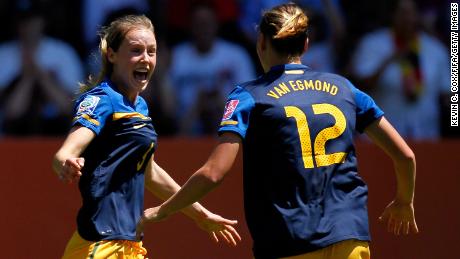 Perry celebrates her goal against Sweden at the 2011 Women&#39;s World Cup.