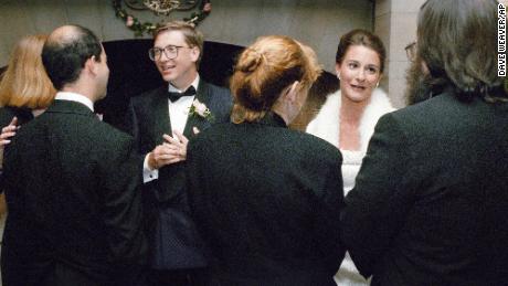 Bill Gates and Melinda French greet guests during a reception on Jan. 9, 1994 at a private estate in Seattle. The couple was married the week before in Hawaii.