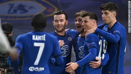 Chelsea players celebrate Timo Werner&#39;s goal against Real Madrid. 