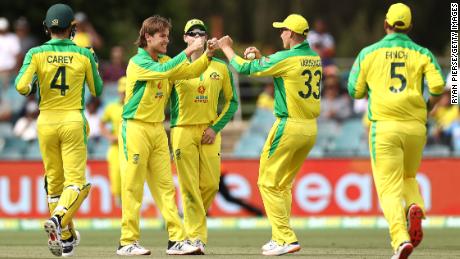 Adam Zampa of Australia  celebrates after taking the wicket of Shreyas Iyer of India during game three of the One Day International series between Australia and India at Manuka Oval on December 02, 2020 in Canberra, Australia. 