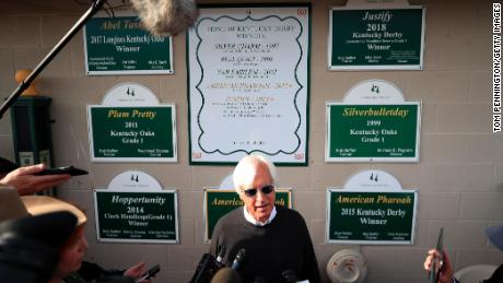 Bob Baffert talks to reporters before the 145th running of the Kentucky Derby at Churchill Downs in 2019 in Louisville. Baffert was inducted into the sport&#39;s Hall of Fame in 2009.