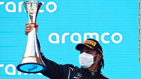 Lewis Hamilton celebrates his victory at the Spanish Grand Prix.