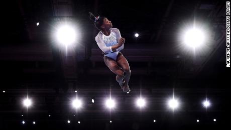 Biles flies high on the floor exercise at the 2019 world championships. 