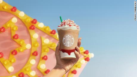 The new Strawberry Funnel Cake Frappuccino from Starbucks.