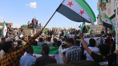 A group of demonstrators protest against the election in Jarablus, Syria, on May 24.