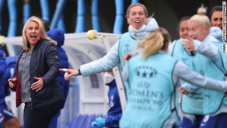 Chelsea manager Emma Hayes celebrates during the UEFA Women&#39;s Champions League semifinals. 