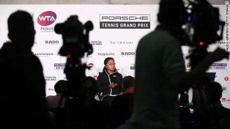 Osaka attends a press conference during day six of the Porsche Tennis Grand Prix at Porsche-Arena on April 27, 2019 in Stuttgart, Germany.