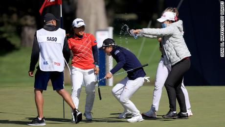 Saso is doused with water after winning the 76th U.S. Women&#39;s Open.