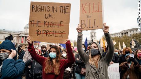 Protesters attend a march on May 1, 2021, against a proposed bill to increase police powers at demonstrations in Trafalgar Square, London.