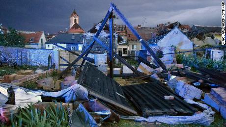 A view of the wreckage after a tornado hit the village of Moravska Nova Ves in the Hodonin district of South Moravia.
