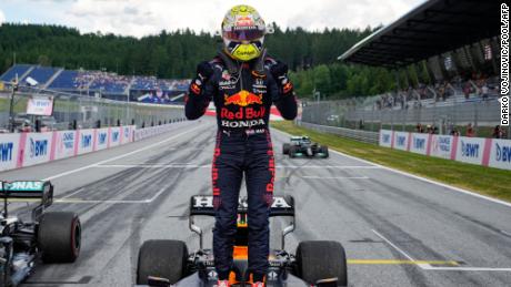 Verstappen celebrates after winning the Styrian Grand Prix.