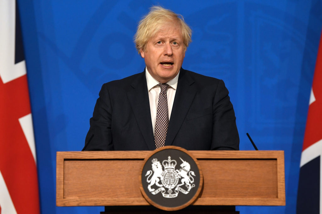 Britain's Prime Minister Boris Johnson gives an update on relaxing coronavirus restrictions on July 5 in London.