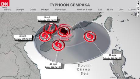 The forecast track of Typhoon Cempaka shows the storm moving inland over southeastern China, then possibly meandering back over the South China Sea by this weekend.
