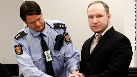 Rightwing extremist Anders Behring Breivik arrives in court on April 16, 2012 for the start of his trial.