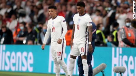 England&#39;s Jadon Sancho and Marcus Rashford get ready to come onto the pitch during the Euro 2020 final between England and Italy.