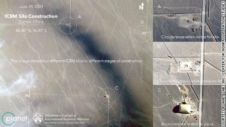 Satellite images appear to show four Chinese missile silos at various stages of construction.