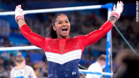Jordan Chiles, of the United States, celebrates her performance on the uneven bars during the artistic gymnastics women&#39;s final at the 2020 Summer Olympics, Tuesday, July 27, 2021, in Tokyo.