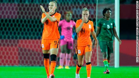 Vivianne Miedema celebrates after scoring her third goal of the game. 