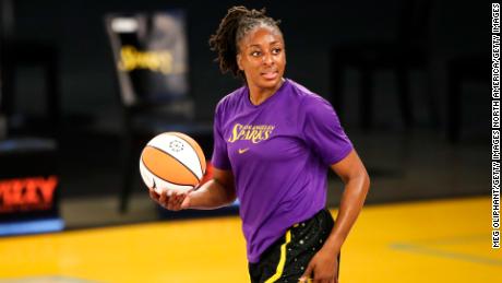Forward Nneka Ogwumike #30 of the Los Angeles Sparks warms up before the game against the Dallas Wings at Los Angeles Convention Center on May 14, 2021 in Los Angeles, California.