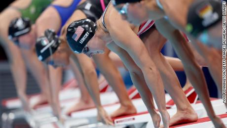 Ledecky prepares to race in the women&#39;s 800m freestyle final at the Tokyo Olympics.