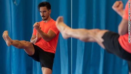 Spanish athlete Damian Quintero, a world champion in Karate Kata, trains in Madrid on June 3, 2020. 