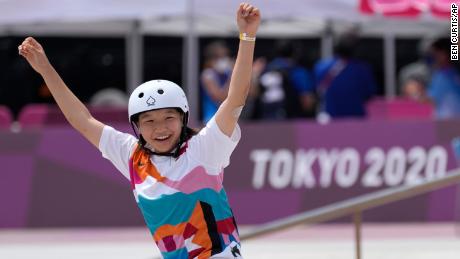 Momiji Nishiya of Japan reacts after winning the women&#39;s street skateboarding event on July 26 at the Tokyo Olympics.