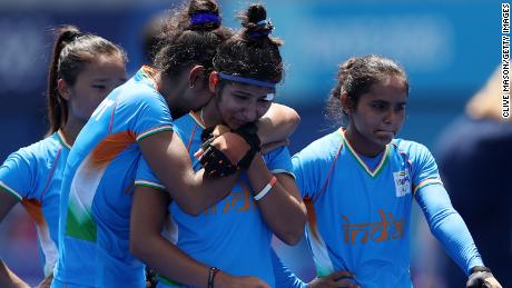 India&#39;s women hockey team after their loss in the bronze medal match against Great Britain. 