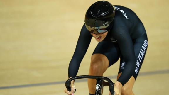 Podmore competes in the women's team sprint qualifying at  the Rio 2016 Olympic Games.