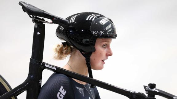 Podmore looks on after competing in the women's elite team sprint qualifying during the New Zealand Oceania Track Championships.