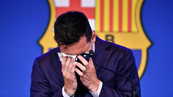 Messi cries during his farewell press conference at the Camp Nou on August 8.