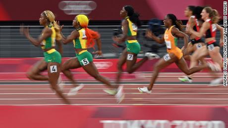 Thompson-Herah, Fraser-Pryce, and Jackson race clear of the field in the women&#39;s 100m final.