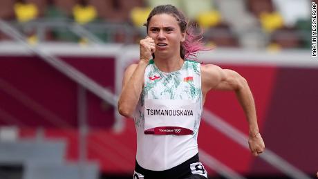 Kristina Timanovskaya, of Belarus, runs in the women&#39;s 100 meters at the Tokyo Olympics on July 30.
