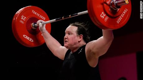 Laurel Hubbard competing in the women&#39;s +87kg weightlifting finals.