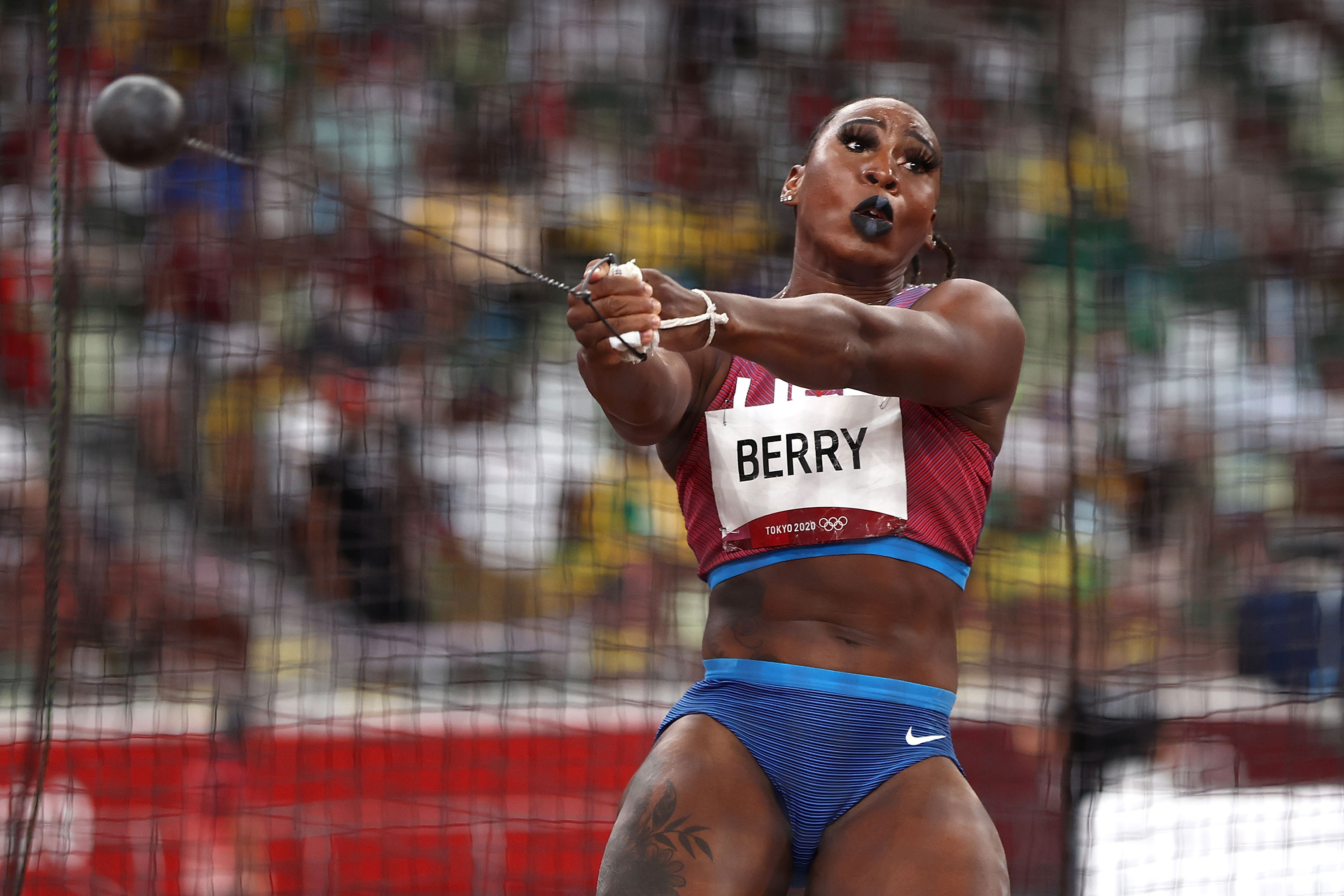 American Gwen Berry competes in the hammer throw final on August 3.