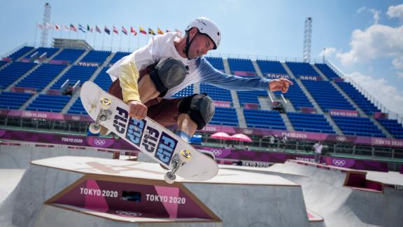 Rune Glifberg of Denmark takes part in a men's park skateboarding training session.