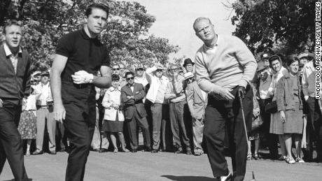 Palmer and Player follow the flight of Nicklaus&#39; tee shot at the Firestone Country Club, Akron, Ohio in 1965.
