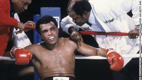 Ali sits in his corner during his loss to Larry Holmes in 1980.