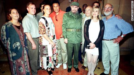 Muhammad Ali and American actor Ed Asner meet with Cuban leader Fidel Castro in Cuba in an undated photograph. 