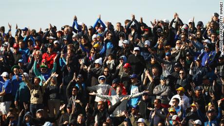 Fans show their support during the morning fourball matches of the 2018 Ryder Cup.